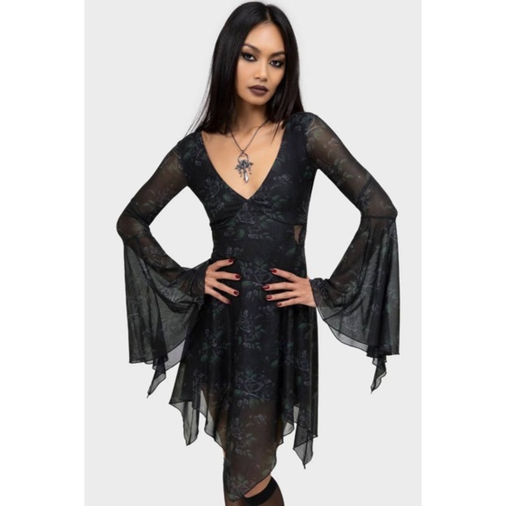 Killstar Nocturnal Grove Mesh Dress Black Floral Spiderweb Bell Sleeve XXL